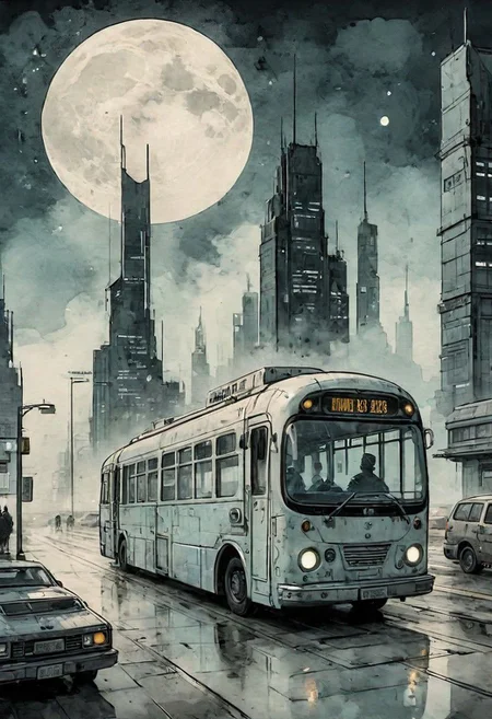old book style ink illustration, on parchment, ink splashes, ink stains, ink smears, faded ink, (female enforcer:1.2), (futuristic:1.5), bus station, glass, fog, moon, in the clouds, skyscrapers, futuristic transport, fractals, night, gloomy tones,mentixis, linquivera