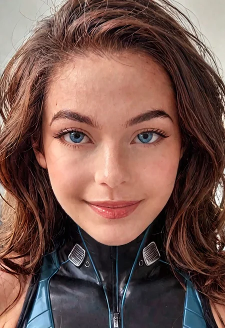 score_9, Raw Photo, (right three-quarter angle:1.3), 4ng3l face, bright blue eyes, subtle optimistic look, brown hair with movement:1.1, elegant eyebrow curve, defined cheekbones, small careful smile:1.2, reserved happy expression, flawless skin:1.2, facial harmony:1.2, ultra sharp facial details:1.4, tech suit elements, gentle lighting:1.3, cinematic color grading, sharp details:1.4, realistic skin texture:1.4, super detailed, photo realistic, masterpiece