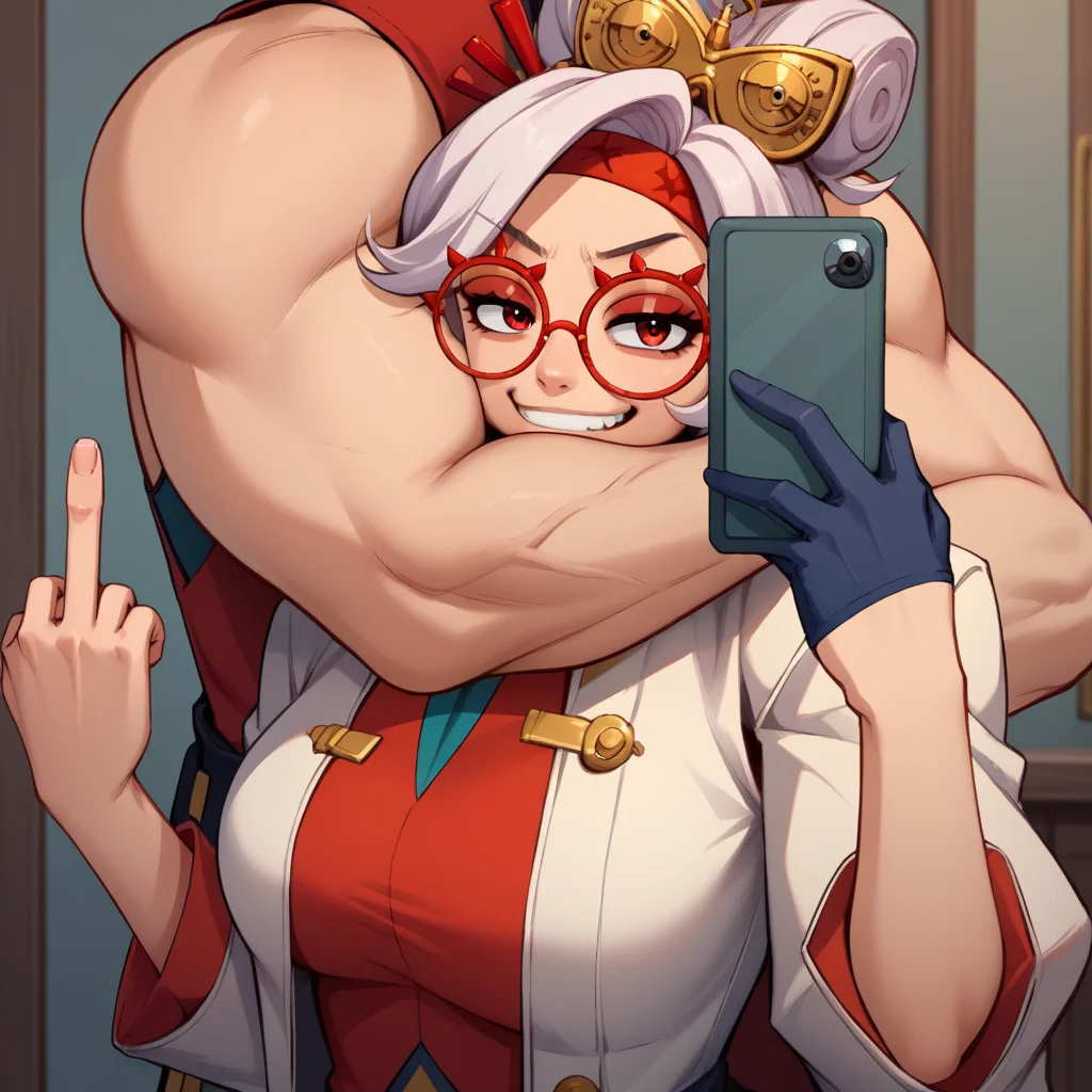 score_9, score_8_up, score_7_up, source_anime, (middle finger:1.1), double middle finger, smirk, 1girl, 1boy, FlxngArndHdMeme, selfie, hug, hug from behind, holding phone, muscular, close-up, flexing, <lora:FlexingAroundHeadMeme_pdxl_Incrs_v1:0.7>, <lora:purah-pdxl-nvwls-v1:0.8> purah, hair ornament, red headband, red glasses, sleeveless shirt, white coat, gloves,