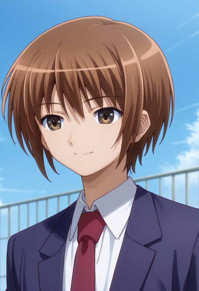 score_9, score_7_up, source_anime 
subaruhasegawa, 1boy, male focus, solo, brown eyes, brown hair, school uniform, shirt, white shirt, collared shirt, necktie, red necktie, jacket, blazer, blue jacket, smile, happy
outdoor, sky,