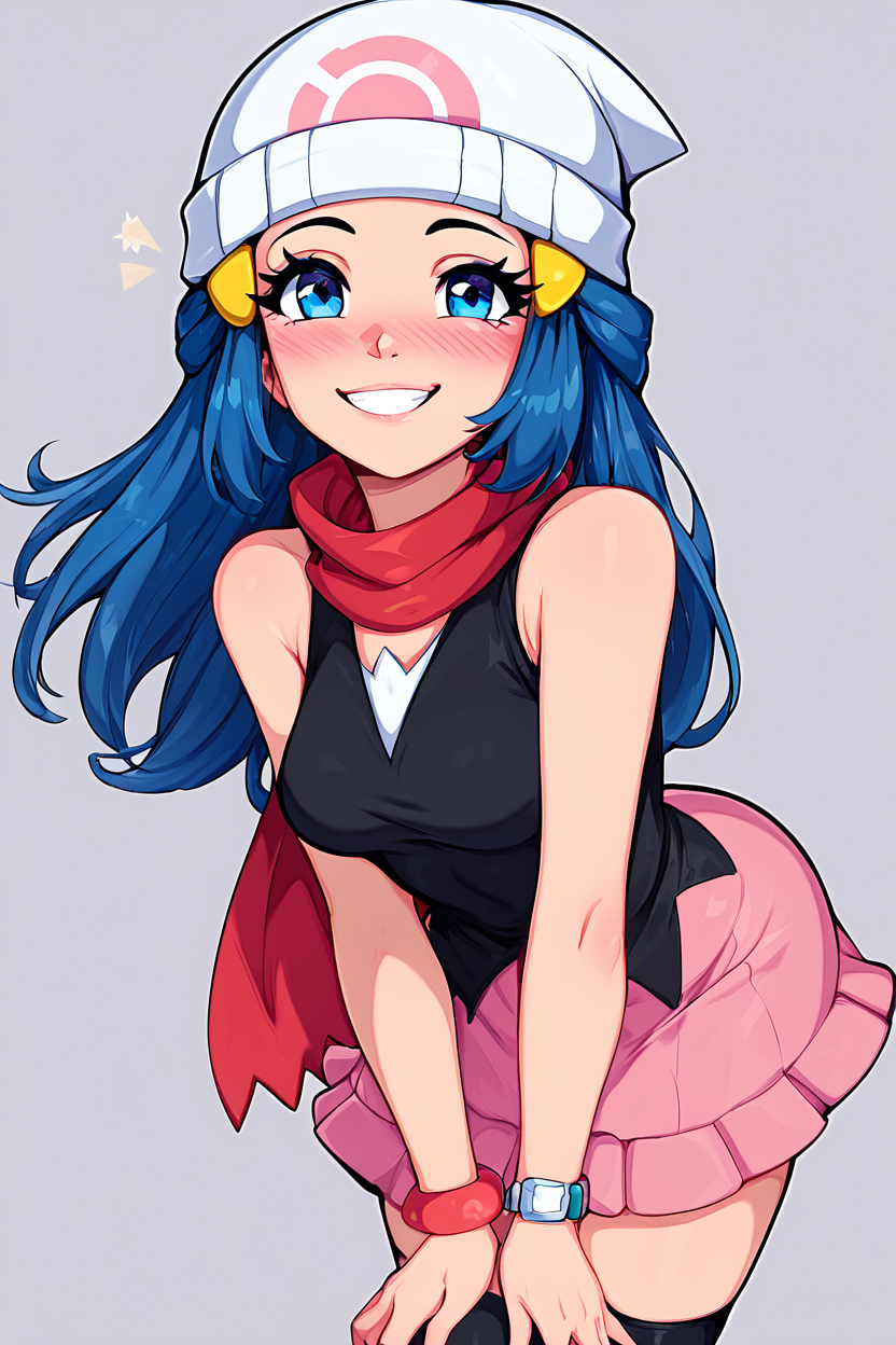 score_9, score_8_up, score_8, medium breasts,(curvy), cute, eyelashes,       BREAK, , ,,, <lora:DawnP2:0.7>, zzDawn, blue hair, blue eyes, sidelocks, long hair, bare shoulders, beanie, black shirt, black socks, bracelet, hat, jewelry, kneehighs, miniskirt, pink skirt, red scarf, scarf, shirt, skirt, sleeveless, sleeveless shirt, white headwear, ,,, <lora:Afrobull_PDXL_v5:0.8>,  ,,,, BREAK, smile, looking at viewer, leaning forward, head tilt, blush, embedding:zPDXL, Expressiveh, <lora:SDXLFaeTastic2400:0.5>, <lora:Expressive_H-000001:0.4>,