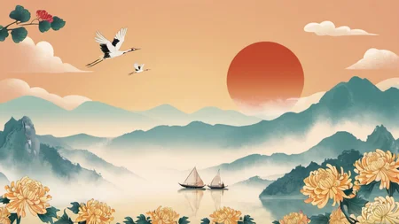 ChongYang Photography, chrysanthemums, 2cranes flying in air, 2boats in the lake, hills and red sun in background, best quality, high quality, masterpiece, 8K UHD, highly detailed, ultra detailed <lora:ChongYang_v1.0:0.8>