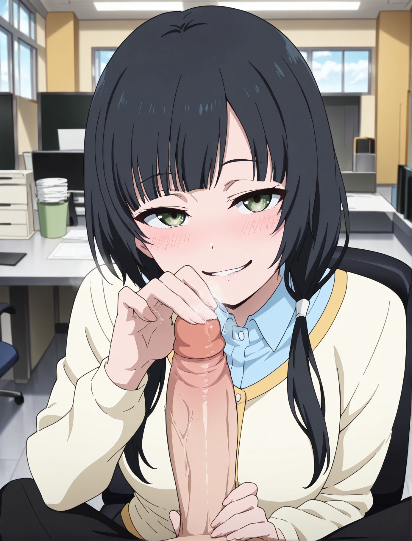 masterpiece, best quality, newest, absurdres, highres, detailed eyes, beautiful, detailed background, perfect eyes, anime coloring, anime screencap,
<lora:two-handed_handjob:0.9> two-handed_handjobV1, 
1girl,breasts,penis,  naughty face, half-closed eyes, blush, head tilt, 
hetero,1boy, (glansjob,hand on the glans), pov, sound effects, large penis, 
steam,  looking at viewer, grab penis, 
office, indoors, chair,  day, yasuhara ema, long hair, black hair, low twintails, hair tie, wispy bangs, green eyes, long sleeves, yellow cardigan, blue shirt, collared shirt, <lora:Ema_Yasuhara_ILXL:0.8>,