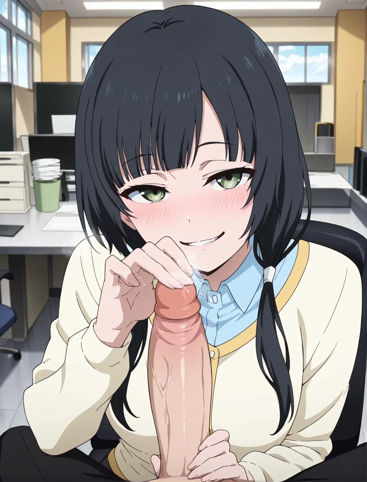 masterpiece, best quality, newest, absurdres, highres, detailed eyes, beautiful, detailed background, perfect eyes, anime coloring, anime screencap,
<lora:two-handed_handjob:0.9> two-handed_handjobV1, 
1girl,breasts,penis,  naughty face, half-closed eyes, blush, head tilt, 
hetero,1boy, (glansjob,hand on the glans), pov, sound effects, large penis, 
steam,  looking at viewer, grab penis, 
office, indoors, chair,  day, yasuhara ema, long hair, black hair, low twintails, hair tie, wispy bangs, green eyes, long sleeves, yellow cardigan, blue shirt, collared shirt, <lora:Ema_Yasuhara_ILXL:0.8>,