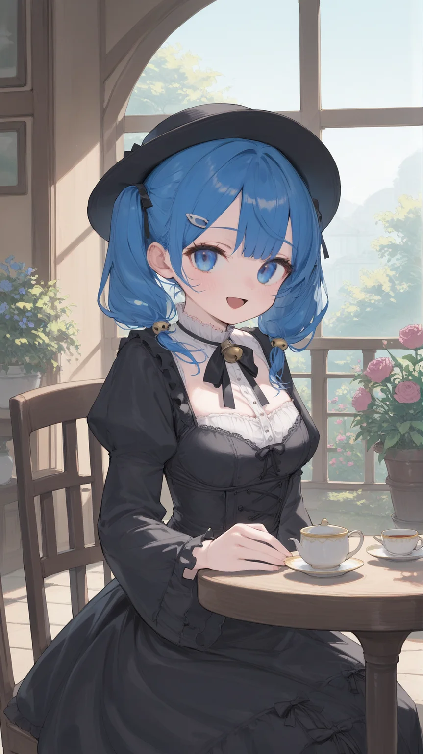 score_9,score_8_up,score_7_up,
1girl,solo,
<lora:Raigyo-Pony-V3-07:0.8>,Raigyo,
blue hair,long hair,medium breasts,twintails,
bell,black dress,black hat,black ribbon,bow,dress,flower,hair ornament,hat,layered dress,long sleeves,neck ribbon,white pantyhose,cloche_hat,
light blush,light smile,open mouth,
sitting,holding_teacup,
looking at viewer,cowboy shot,garden,table,tea set,european architecture,black tea,wooden chair,