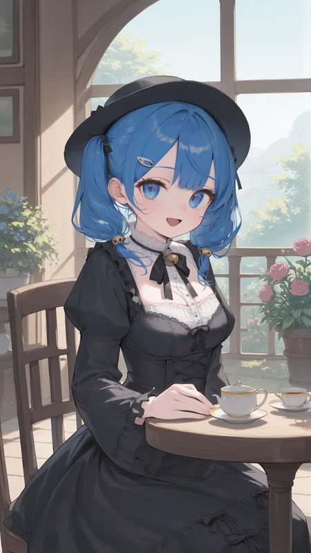 score_9,score_8_up,score_7_up,
1girl,solo,
<lora:Raigyo-Pony-V3-07:0.8>,Raigyo,
blue hair,long hair,medium breasts,twintails,
bell,black dress,black hat,black ribbon,bow,dress,flower,hair ornament,hat,layered dress,long sleeves,neck ribbon,white pantyhose,cloche_hat,
light blush,light smile,open mouth,
sitting,holding_teacup,
looking at viewer,cowboy shot,garden,table,tea set,european architecture,black tea,wooden chair,