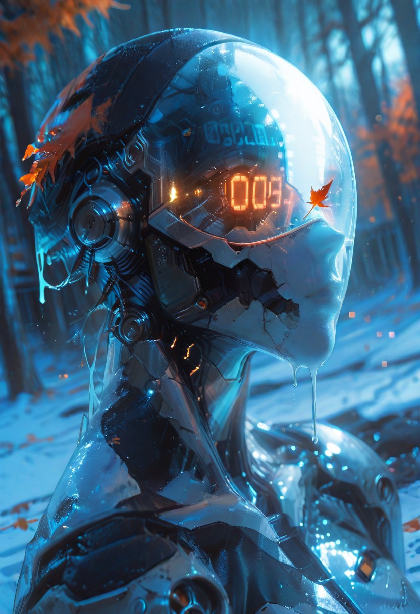 masterpiece, best quality, amazing quality, very aesthetic, absurdres, newest, volumetric lighting, holographic colors, cute, gradient colors, dark background, BREAK  ambient occlusion, raytracing, soft lighting, blum effect, masterpiece, absolutely eye-catching, particles, glow, shining, intricate cinematic background, 
BREAK
explicit, Cyborg killer.1girl, solo, cyborg,,reflection, visor, abstract, jacquard fabric, techwear, detailed helmet,mcnm, visor,closeup, intricate detail, melting, BREAK outdoors, trees, ferns, binary, snow, orange leaves, dutch angle,  pose, soft shadows, dramatic lighting, detailed textures, intimate atmosphere, intricate details, (blurry background, depth of field:1.1) close up,,usnr, 748cmstyle, gbf_style.cybervision.