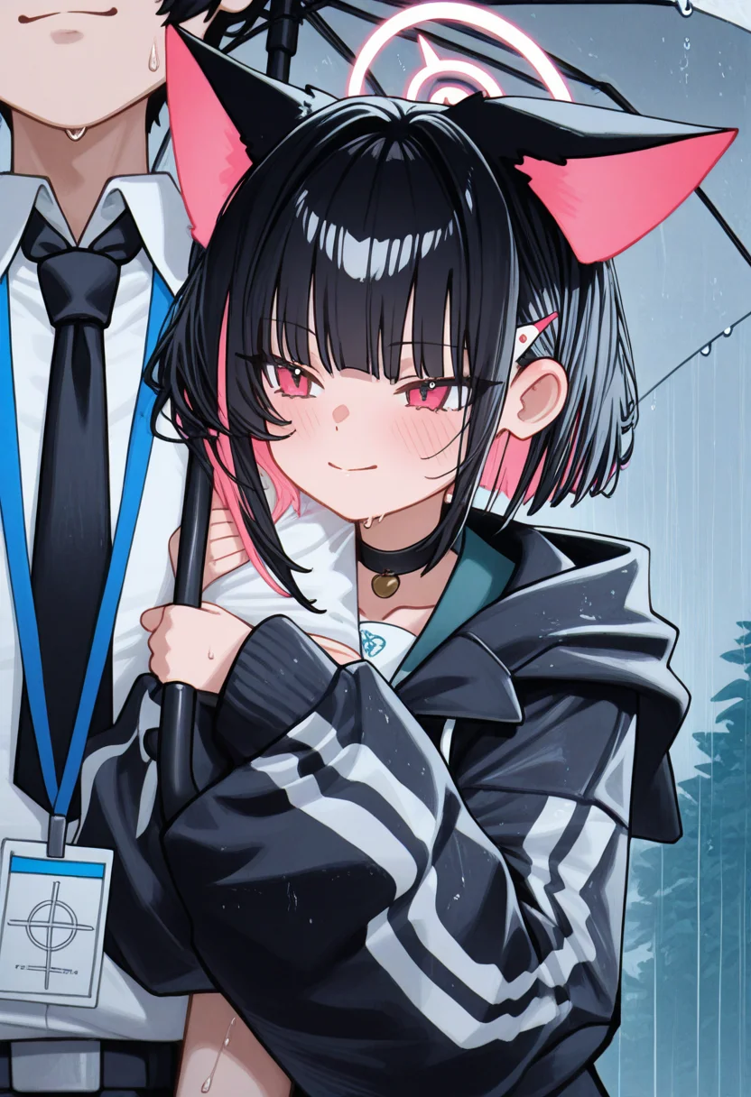 omo-anon, kazusa \(blue archive\), 1girl, animal ears, 1boy, halo, black hair, cat ears, sensei \(blue archive\), colored inner hair, necktie, pink hair, multicolored hair, choker, short hair, black choker, hood, extra ears, sailor collar, long sleeves, red eyes, hair ornament, jacket, hairclip, pink halo, shirt, pink eyes, white shirt, hooded jacket, black jacket, open mouth, neckerchief, collared shirt, two-tone hair, belt, sweat, school uniform, hoodie, pink neckerchief, pants