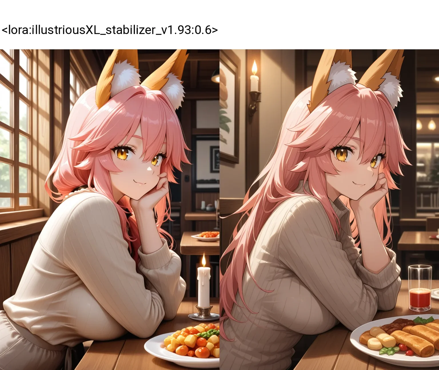 <lora:illustriousXL_stabilizer_v1.93:0.6>1girl,tamamo \(fate\),from side,wooden table,masterpiece,hand on own cheek,looking at viewer,food on table,candle,restaurant,