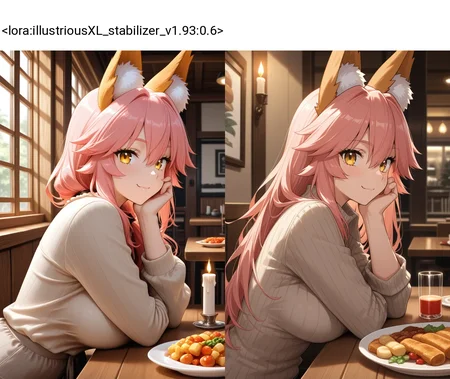 <lora:illustriousXL_stabilizer_v1.93:0.6>1girl,tamamo \(fate\),from side,wooden table,masterpiece,hand on own cheek,looking at viewer,food on table,candle,restaurant,
