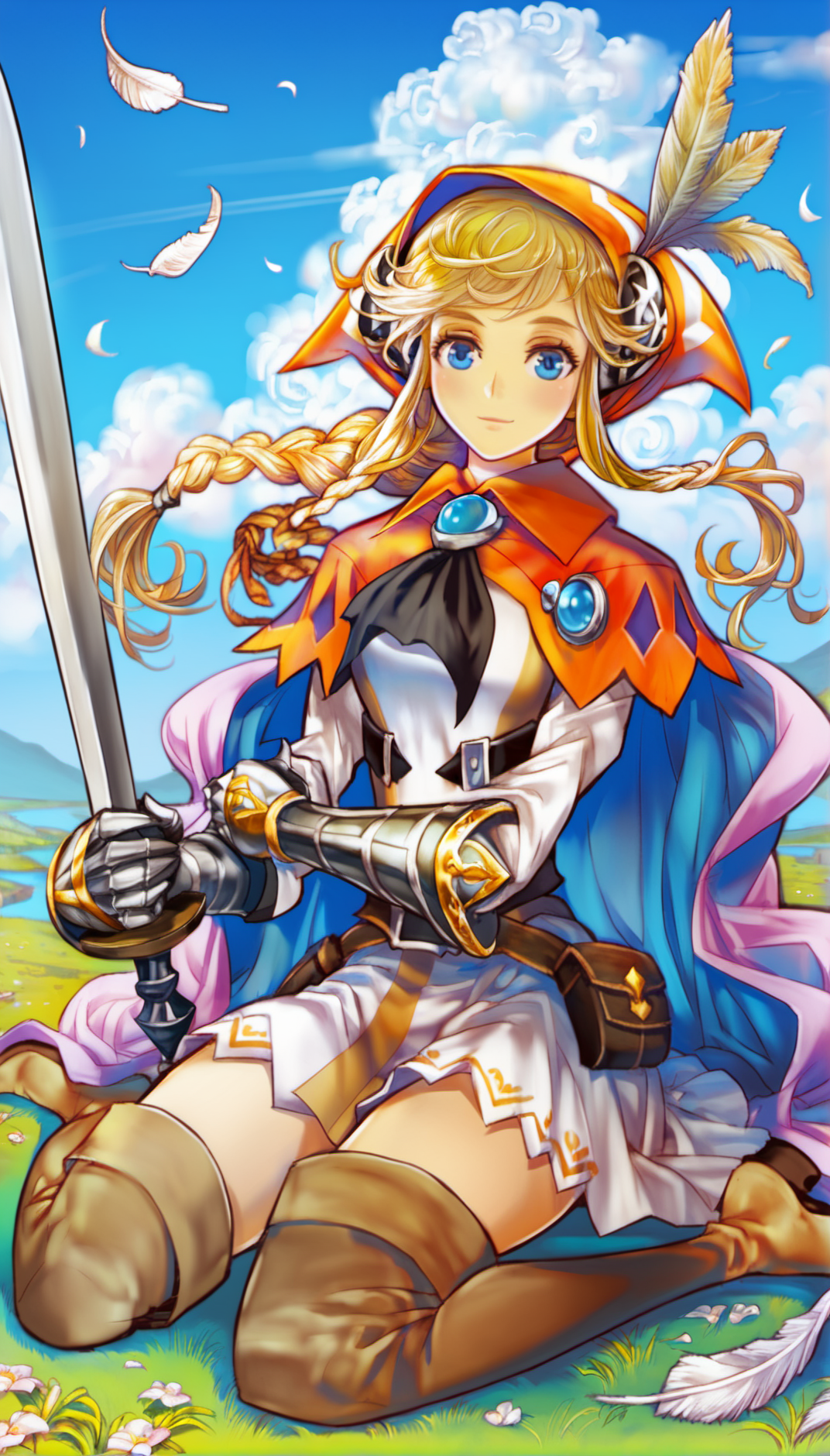 score_9,score_8_up,score_7_up,
<lora:vanillaStyle3:0.9>,
vanillastyle,
lisha stalake,1girl,solo,blonde hair,long hair,bangs,braid,blue eyes,looking at viewer,smile,orange hooded with a white feather and silver decorations,black neckerchief with a blue gem at the collar,purple cape,green and white short dress,brown thigh boots,gauntlets with gold trim,brown armor skirts,full body,sitting,sitting on knees,holding a sword with sheath in left hand,
outdoors, grassland, blue sky, cloud, wind, particle lights,