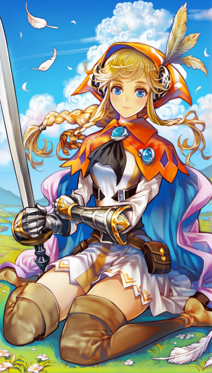 score_9,score_8_up,score_7_up,
<lora:vanillaStyle3:0.9>,
vanillastyle,
lisha stalake,1girl,solo,blonde hair,long hair,bangs,braid,blue eyes,looking at viewer,smile,orange hooded with a white feather and silver decorations,black neckerchief with a blue gem at the collar,purple cape,green and white short dress,brown thigh boots,gauntlets with gold trim,brown armor skirts,full body,sitting,sitting on knees,holding a sword with sheath in left hand,
outdoors, grassland, blue sky, cloud, wind, particle lights,