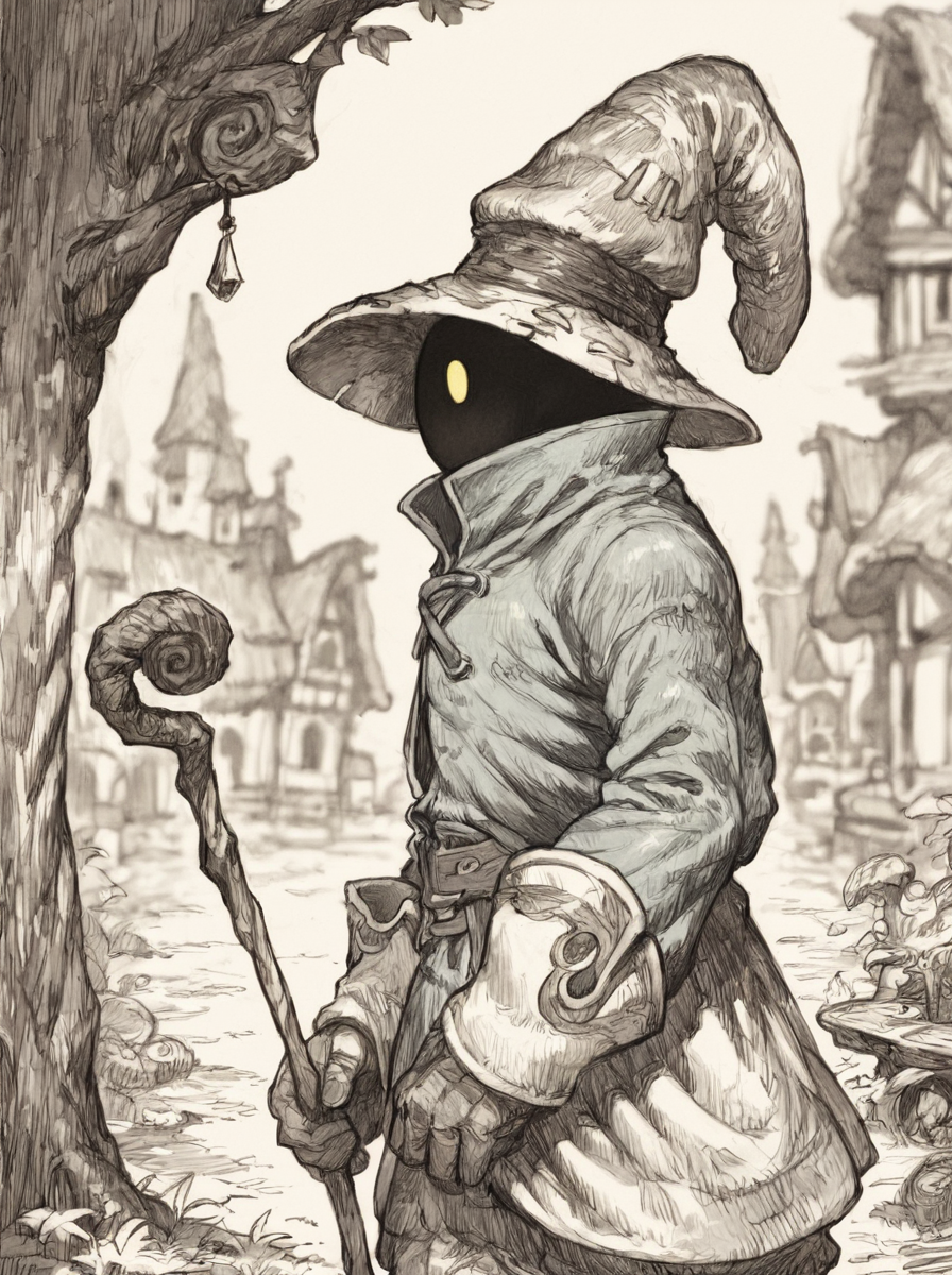 score_9, score_8_up, score_7_up, rating_safe, solo, gr4ph1t3, monochrome BREAK
expressiveh, 1male, bmcostume, hidden face, yellow eyes, mysterious, short, standing, wooden staff, side profile, portrait, looking at viewer, outdoors, fantasy town, depth of field  <lora:DetailedEyes_V3:0.5> <lora:Expressive_H:0.5> <lora:GraphiteSketch:0.5> <lora:BlackMageCostumeSDXL-V1:1>