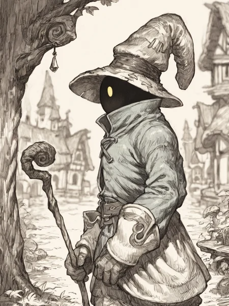 score_9, score_8_up, score_7_up, rating_safe, solo, gr4ph1t3, monochrome BREAK
expressiveh, 1male, bmcostume, hidden face, yellow eyes, mysterious, short, standing, wooden staff, side profile, portrait, looking at viewer, outdoors, fantasy town, depth of field  <lora:DetailedEyes_V3:0.5> <lora:Expressive_H:0.5> <lora:GraphiteSketch:0.5> <lora:BlackMageCostumeSDXL-V1:1>