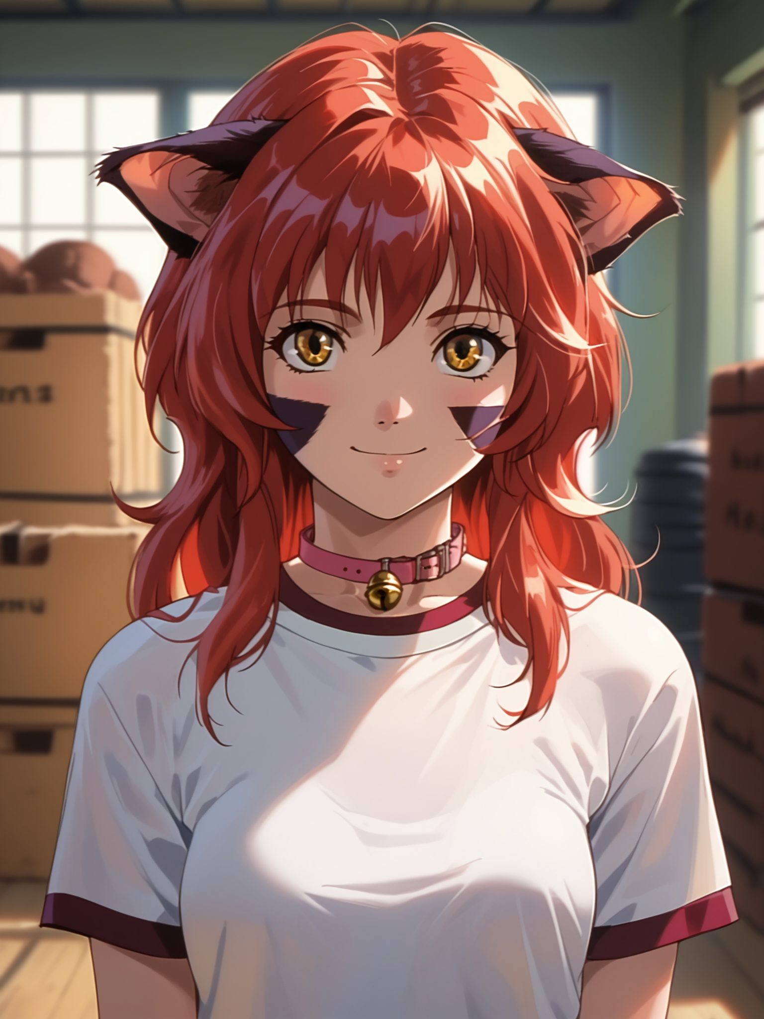 <lora:happy_tentacle-nina-v0.4-000010:0.9>, ht_nina, whisker markings, body fur, pink collar, neck bell, gym storeroom, gym uniform, mat, vaulting horse , red hair, yellow eyes , cowboy shot, 1girl, (petite:1.2), solo focus, smile, , (looking at viewer:1.1), sidelighting, (depth of field:0.8), , [(realistic, photorealistic:1.2):(realistic:1.3):22], [(3d:1.2)::10], <lora:LUUNA's Lunas-NijiJourney-SDXL-B2:0.5>, nijijourney, <lora:prgfrg23's Counterfeit-V3.0 Style SDXL_LoRA_Pony Diffusion V6 XL:0.35> <lora:Shed_The_Skin's StS_age_slider_v1_initial_release:-1>, score_9, score_8_up, score_7_up, score_6_up, score_5_up, score_4_up,