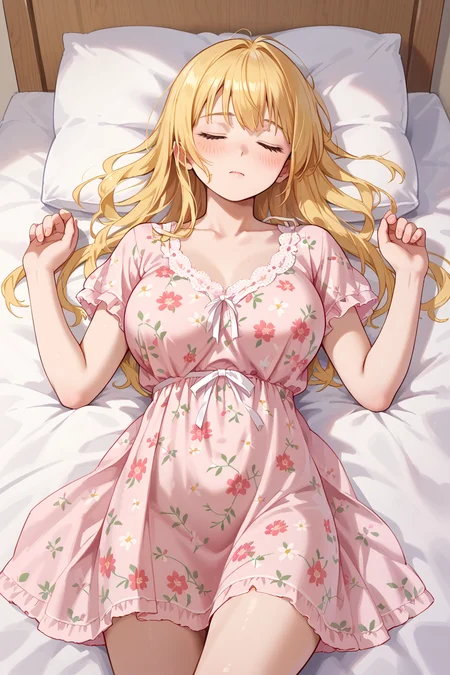 score_9, score_8_up, score_7_up, source_anime, BREAK, blush, large breasts, bed sheet, on bed, lying, on back, closed eyes, sleeping, <lora:Futon7979 V2 Pony:0.6>,  <lora:Floral Nightgown Pony:0.6> floral nightgown