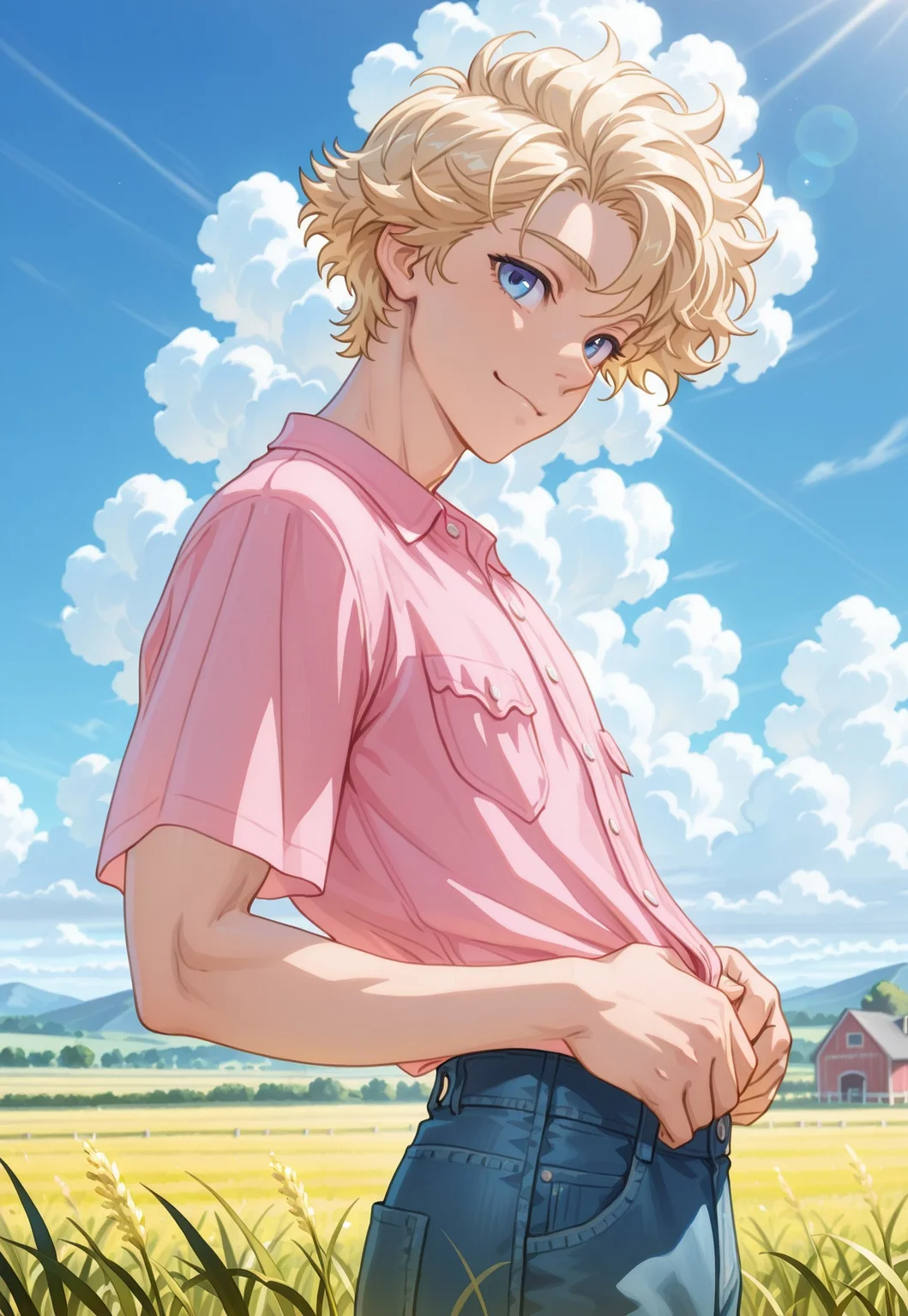 Masterpiece, best quality, male, man, very aesthetic, 1boy, solo, waist up, pink country shirt, fringed shirt, twink, blonde hair, fluffy hair, farm background, blue sky, white clouds, blue jeans,