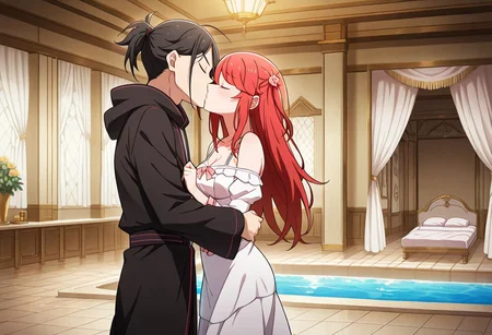 masterpiece, best quality, newest, absurdres, highres, detailed eyes, beautiful, detailed background, perfect eyes, anime coloring, anime screencap,
1girl, 1boy, hetero, facing another, kiss,standing, closed eyes, 
indoors, 
<lora:Theresia_van_Astrea_r1:1>Theresia_van_Astrea,
hair ornament,
long hair,white dress,
red hair,dress,flower,
hair flower,two side up,
t_theresia,red hair, 
white dress,
black hair, 
short ponytail, 
serious male, black dress,
black hood down, palace indoors, large room, bedroom, bathhouse, bed with curtains, large pool, hot water, steam, bed curtains, taking off clothes, tile floor, bath mats, towels, inflatable massage sheet, canopy bed, pillows, blanket, water, pool in center, stripping down, medium breasts, cleavage
