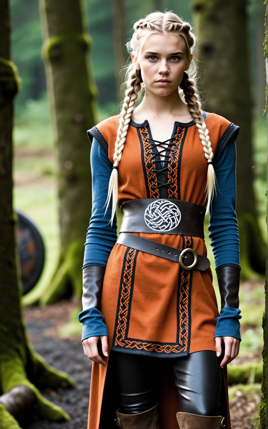 1girl,Viking, porunn from the TV series Vikings, Gaia Weiss, 25yo, blonde hair, long hair, sidecut hair, small braided pigtails, blue eyes, slim, large breasts, scar on the face, A battle ready tunic in deep sapphire, rust orange, and charcoal black, crafted from rugged linen with suede reinforcements. Embossed bronze clasps secure the overlapping front, while intricate knotwork embroidery decorates the sleeves. A thick leather belt with engraved metal plates cinches the waist, paired with layered woolen leggings and sturdy laced boots.,