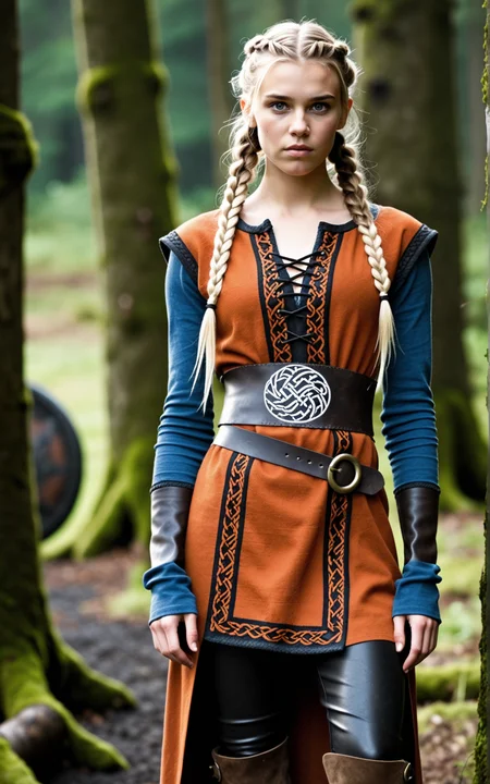 1girl,Viking, porunn from the TV series Vikings, Gaia Weiss, 25yo, blonde hair, long hair, sidecut hair, small braided pigtails, blue eyes, slim, large breasts, scar on the face, A battle ready tunic in deep sapphire, rust orange, and charcoal black, crafted from rugged linen with suede reinforcements. Embossed bronze clasps secure the overlapping front, while intricate knotwork embroidery decorates the sleeves. A thick leather belt with engraved metal plates cinches the waist, paired with layered woolen leggings and sturdy laced boots.,
