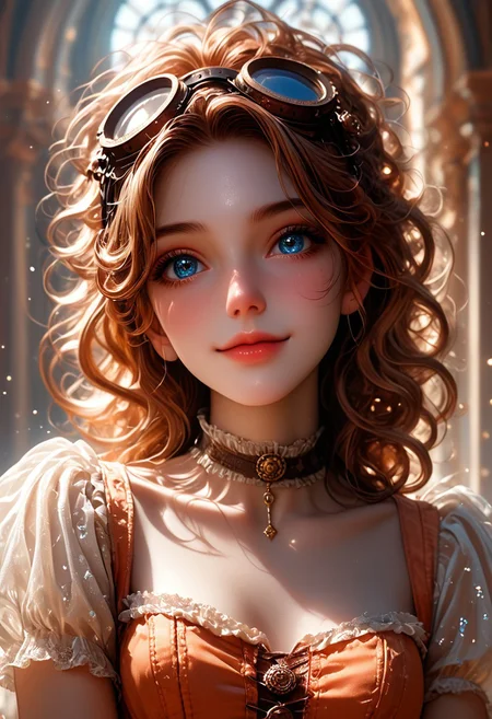 (score_9, score_8_up), score_7_up, 1girl, Highly detailed RAW color Photo, aroused depicted of 1girl, Whimsical steampunk beauty, radiant smile, freckled face. Messy updo with loose curls, golden-brown hair. Piercing blue eyes, long lashes. Brass goggles atop head. Ornate choker and delicate necklaces. Sunlit skin, rosy cheeks. Shimmering orange corset top. Victorian-inspired white blouse. Intricate background with gilded details. Warm, ethereal lighting. Hyper-realistic portrait style. Blend of vintage and fantasy elements. Sparkles and lens flares. Soft bokeh effec