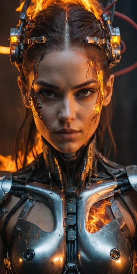 closeup portrait of a beautiful cyborg woman, metal, wires, cables, bathed in fire, hell