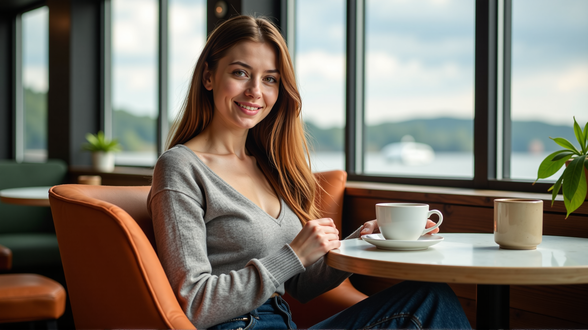 sci-fi style a slim elegant woman sitting in a cafe holding a large mug of coffee in her hands
she has a heavy lower lip and hollow cheeks, she appears to be 30 years old
her eyes are an intense green colour and her long flowing hair is a (brilliant auburn colour:1.2)
she's looking at the viewer across a low table, she's sitting in a large comfy chair with her feet tucked up beside her
she's wearing jeans and a (cropped:1.3) woolen jumper with a low neckline and  long baggy sleeves
she looks very relaxed and happy, her eyes glitter, . futuristic, technological, alien worlds, space themes, advanced civilizations, score_9, score_8_up, score_7_up, hyperdetailed, hyperrealistic,  best quality, (masterpiece:1.3),high-definition, intricate details, volumetric lighting, symmetrical face, level eyes,