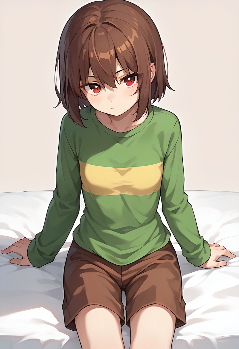 score_9, score_8_up, score_7_up, source_anime , <lora:Chara pony:0.7>,  chara, 1girl, shorts, shirt, brown hair, solo, striped, simple background, brown shorts, long sleeves, green shirt, striped shirt, red eyes, small breasts, closed mouth, looking at viewer, sitting on the bed