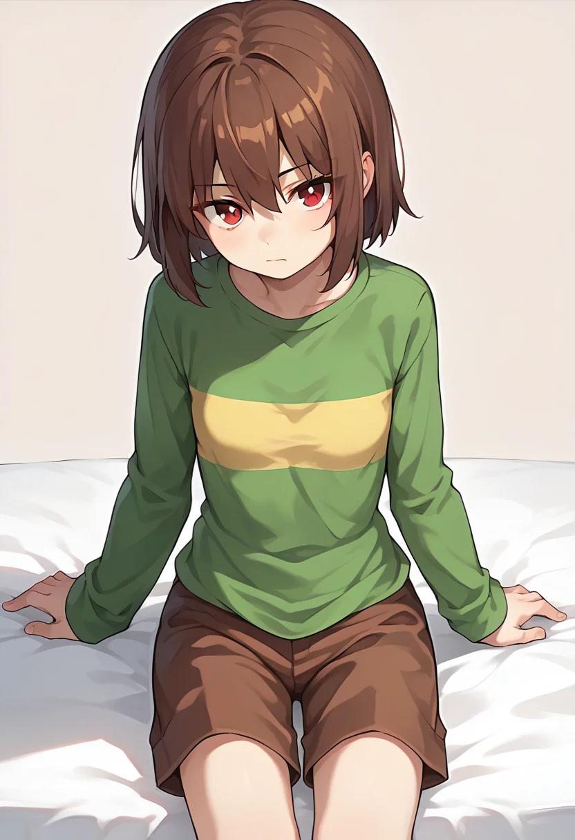 score_9, score_8_up, score_7_up, source_anime , <lora:Chara pony:0.7>, chara, 1girl, shorts, shirt, brown hair, solo, striped, simple background, brown shorts, long sleeves, green shirt, striped shirt, red eyes, small breasts, closed mouth, looking at viewer, sitting on the bed