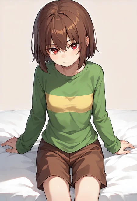 score_9, score_8_up, score_7_up, source_anime , <lora:Chara pony:0.7>, chara, 1girl, shorts, shirt, brown hair, solo, striped, simple background, brown shorts, long sleeves, green shirt, striped shirt, red eyes, small breasts, closed mouth, looking at viewer, sitting on the bed