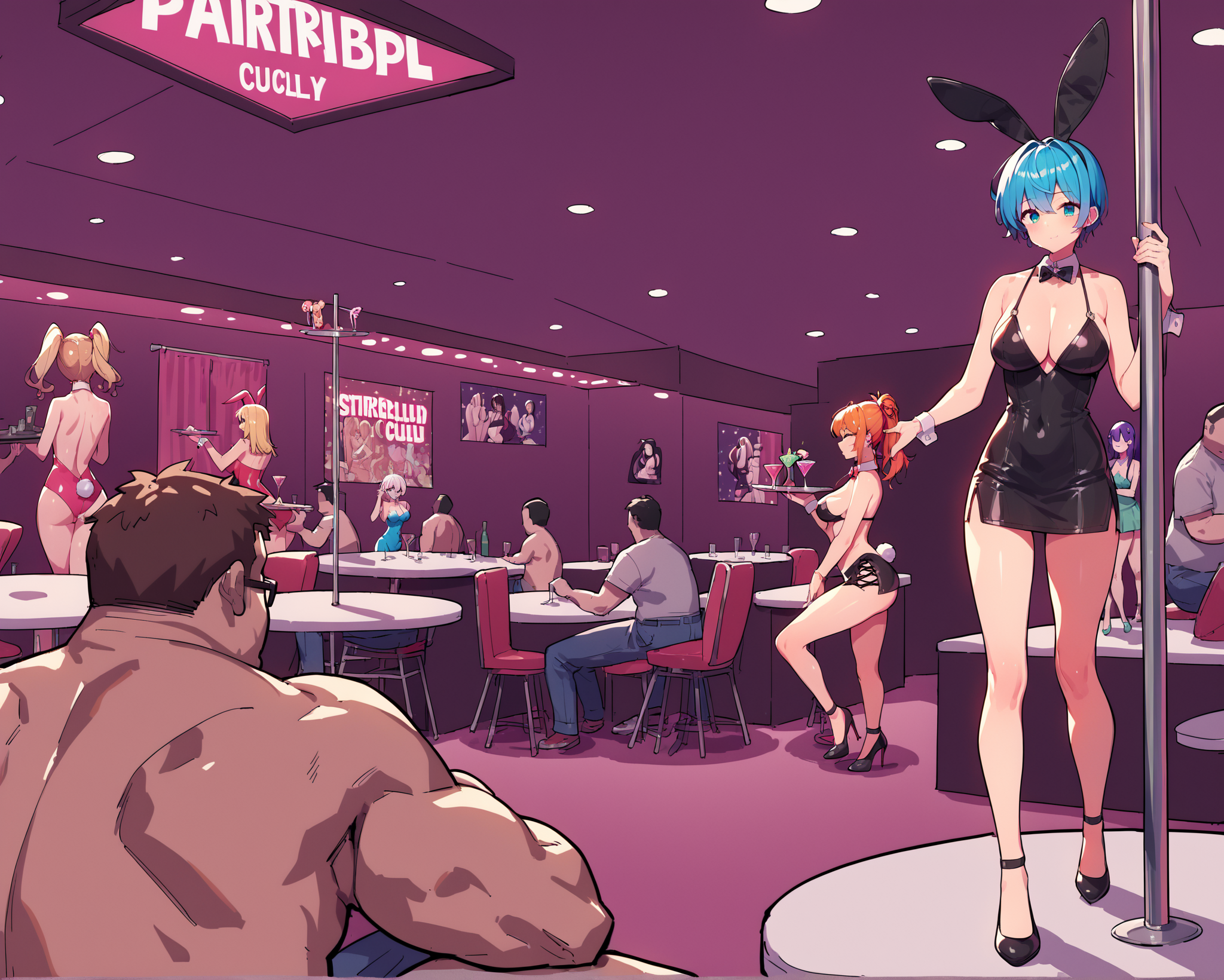 score_9, score_8_up, score_7_up, source_anime, BREAK multiple girls, 1boy, Focus stacking, layering shot, faceless male, bunny girls, private club, implied fellatio, private club, older male, fat male, sitting, pole dance, strip club, holding tray, walking, <lora:Private_Club:1>, rating_questionable