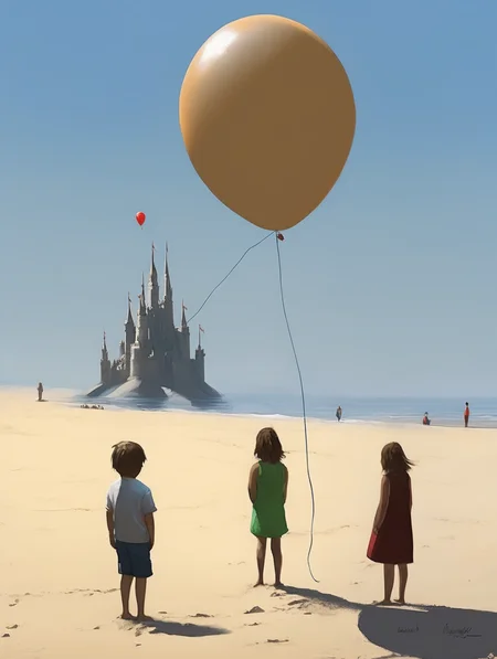 <lora:Alex Andreev style:1>Alex Andreev style - there are sandcastles on the beach that have been built before. A girl with a balloon watches her parents chatting.