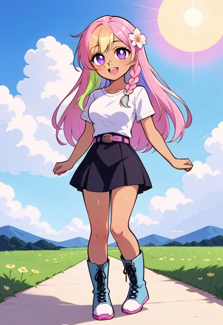 1 cute girl, chibi, short, cute, tan skin, full body, happy, very long hair, pastel pink hair, multicoloured hair, flowy hair, long hair, rainbow highlights, rainbow hair, long fringe, braided sidelocks, Hair flower, large round eyes, lavender eyes, freckles, round face, very cute face, small facial features, a slim figure, medium breasts, round breasts, knee high walking boots, sneakers, DROWID, salopette, overall skirt, white t-shirt, belt pouches, fluffy clouds in the sky, bright sun, summer season, breezy weather, natural lighting, bright lighting, noon time, skirt blowing in the wind, hair blowing in the wind, beautiful smile, happy, blush, outdoors