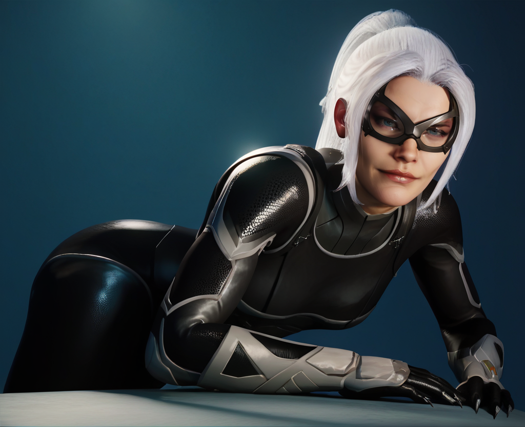 score_9,score_8_up,score_7_up,score_6_up, 3d, realistic, <lora:Black_Cat_ps4ps5_Pony-000007:0.8> , blackcat, 1girl, solo, long hair, gloves, ponytail, white hair, bodysuit, black bodysuit, domino mask,