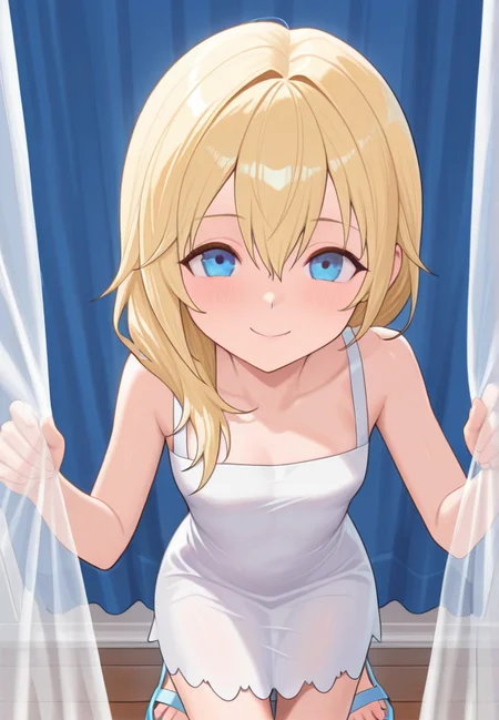masterpiece, best quality, amazing quality, very aesthetic, absurdres, newest, detailed background, cowboy shot,indoors, curtains, palacem minekh, 1girl, solo, blue eyes, blonde hair, long hair, hair between eyes, white dress, bare shoulders, sandals, looking at viewer, timid, smile, blushed, cute pose
<lora:Namine_-_Kingdom_Hearts_Illustrious:1>