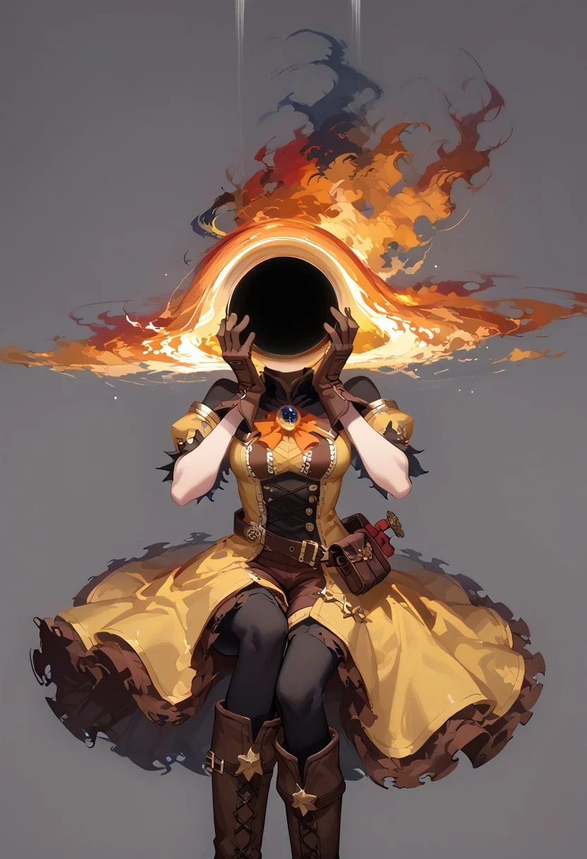 safe_pos, score_9, score_8_up, score_7_up,
lord_of_frenzy, fire head,
faceless, no eyes, no mouth, no nose, no facial features,
h3ad, object_head,
(black hole:1.1), (event horizon:1.1), (gravitational lensing:1.3),
magical girl outfit, yellow steampunk dress, boots, (brown shorts:1.2), black tights, medium breasts, belt, brown gloves,
simple background, grey background,
hands on own face, hands on own cheeks, yandere trance,
expressive pose, tilt head, arched back,