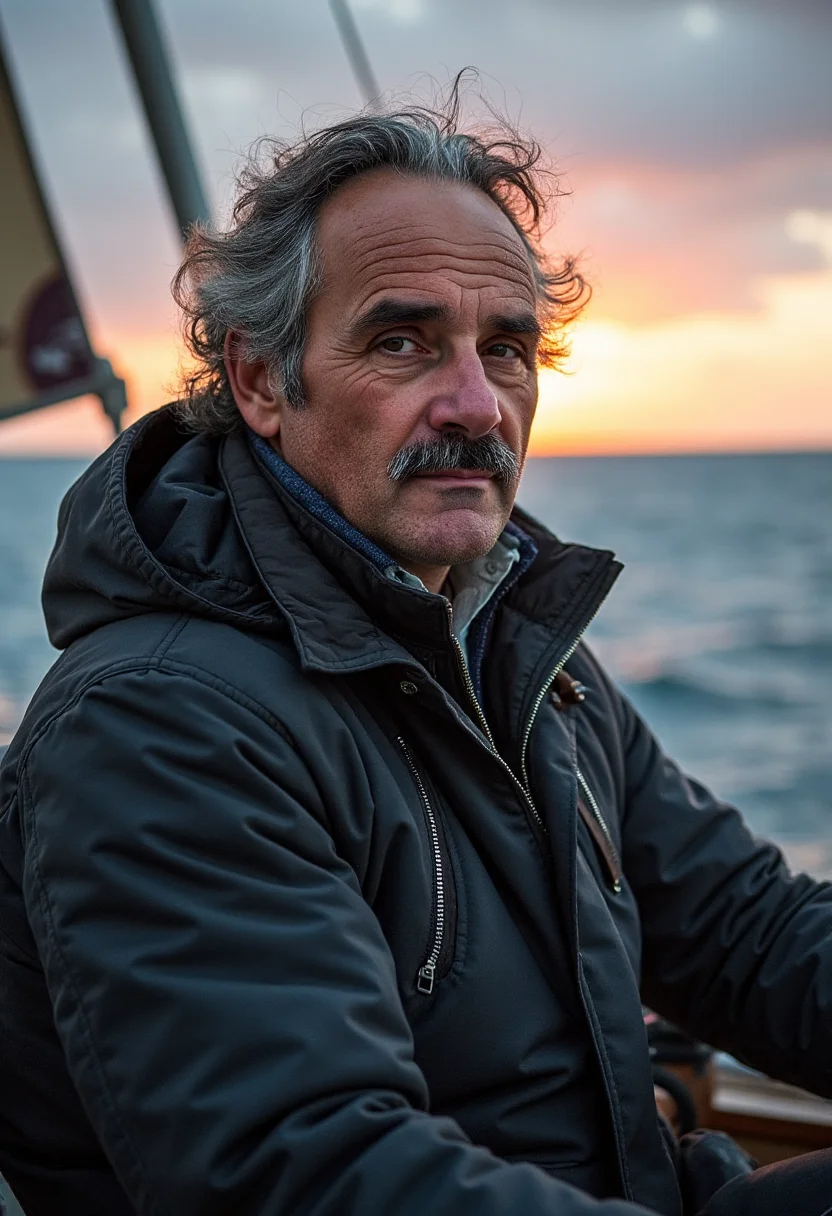 yfg-l3ms, YFG-Th3Dud3 a windswept 57-year-old sailor with a weathered face, guiding a small yacht through choppy seas at twilight