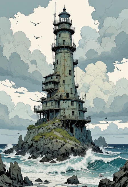 A multi-tiered lighthouse built on a rugged, rocky island. The lighthouse is made of weathered stone, with multiple levels and a central tower topped by a small, dark lantern room. The structure is surrounded by a network of walkways and platforms, some of which extend out over the turbulent sea. The sky above is overcast, filled with thick, gray clouds that create a moody atmosphere. The ocean waves crash against the rocks and the lighthouse, with white foam and spray visible. Several seagulls are scattered throughout the scene. Mangaka style.