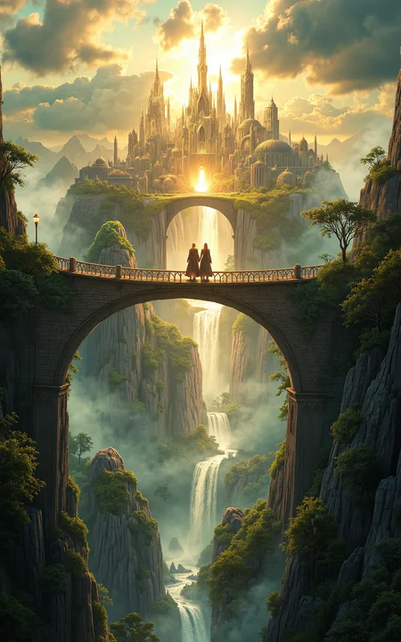 a wide aerial view of a floating elven city in the sky,with two elven figures walking side by side across a glowing skybridge,the bridge arching between tall crystal towers,surrounded by clouds and golden light,majestic and serene atmosphere,vivid style,magical fantasy architecture.,
<lora:aidmaMJ6.1_v0.5_3:0.6>,aidmaMJ6.1,<lora:klordoftherings-01:0.6>,klordoftherings,