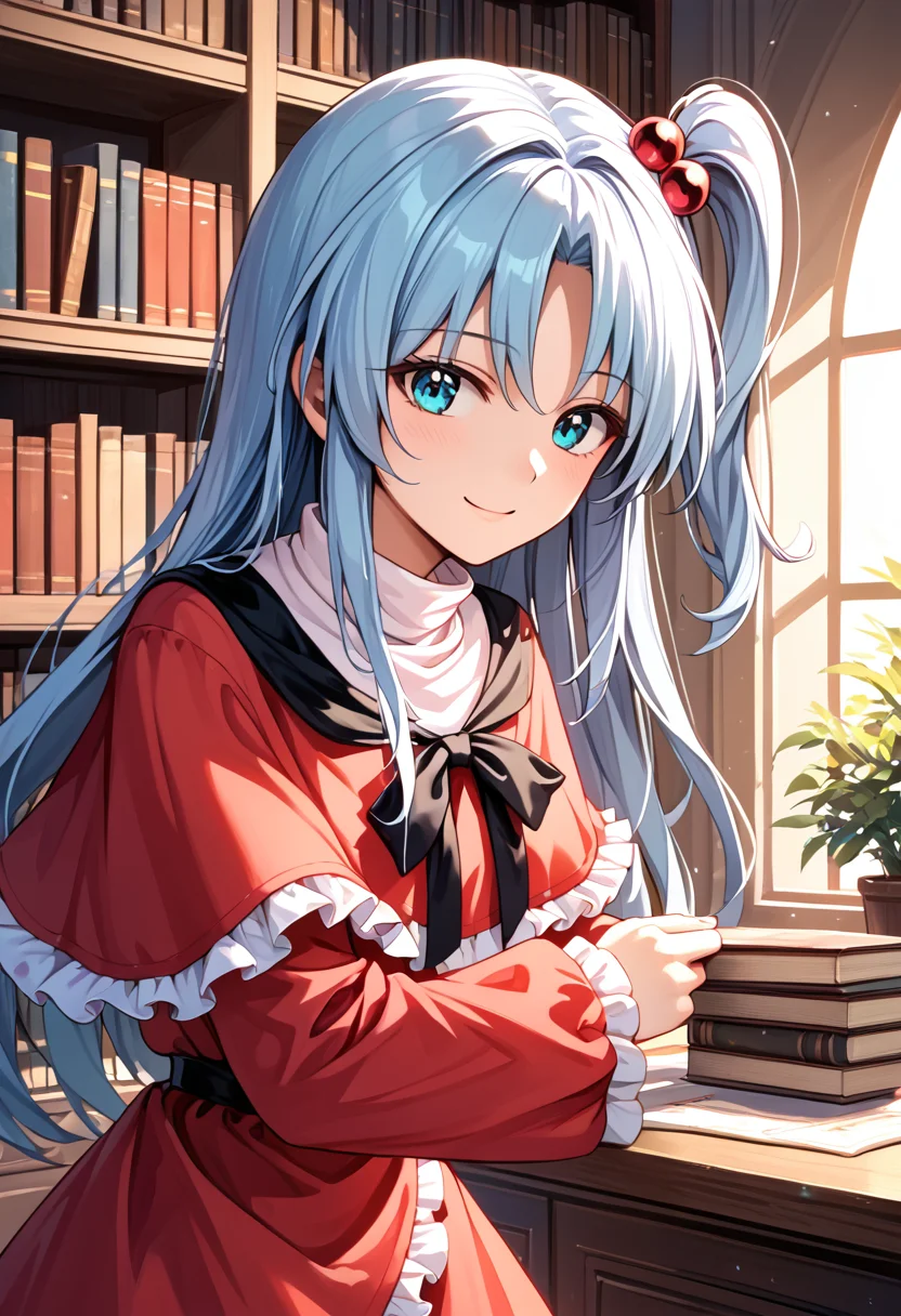 score_9_up, score_8_up, score_7_up, BREAK source_anime, (masterpiece), (best quality), 1girl, shinki (touhou), long hair, hair bobbles, mansion, cyan colored eye, bookshelf, hair ornament, one side up, red dress, red capelet, long sleeves, looking at viewer, slightly smile, closeup upper body, (ultra detailed), shine, sunlight, (from front:0.6), <lora:Shinki_touhou(PC-98)-V1:1>