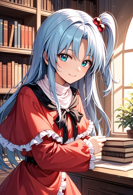 score_9_up, score_8_up, score_7_up, BREAK source_anime, (masterpiece), (best quality), 1girl, shinki (touhou), long hair, hair bobbles, mansion, cyan colored eye, bookshelf, hair ornament, one side up, red dress, red capelet, long sleeves, looking at viewer, slightly smile, closeup upper body, (ultra detailed), shine, sunlight, (from front:0.6), <lora:Shinki_touhou(PC-98)-V1:1>