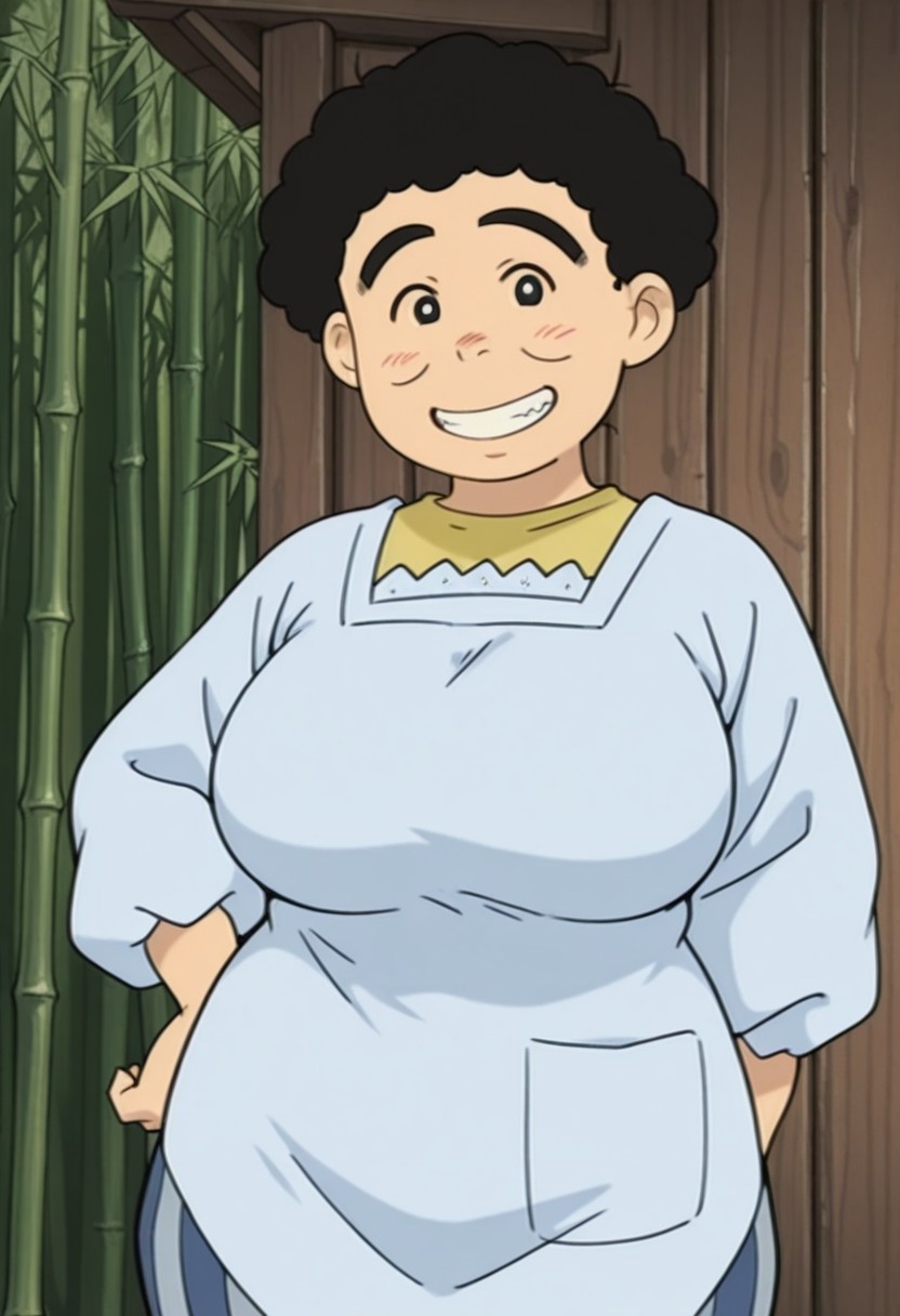 score_9,score_8_up,score_7_up,score_6_up,best quality,masterpiece, 1girl, solo, background is bamboo, wooden wall,
BREAK
hisae, mature female, short hair, black hair, black eyes, thick eyebrows, smile, teeth, plump female, large breasts, wide hips, striped pants, blue kappougi