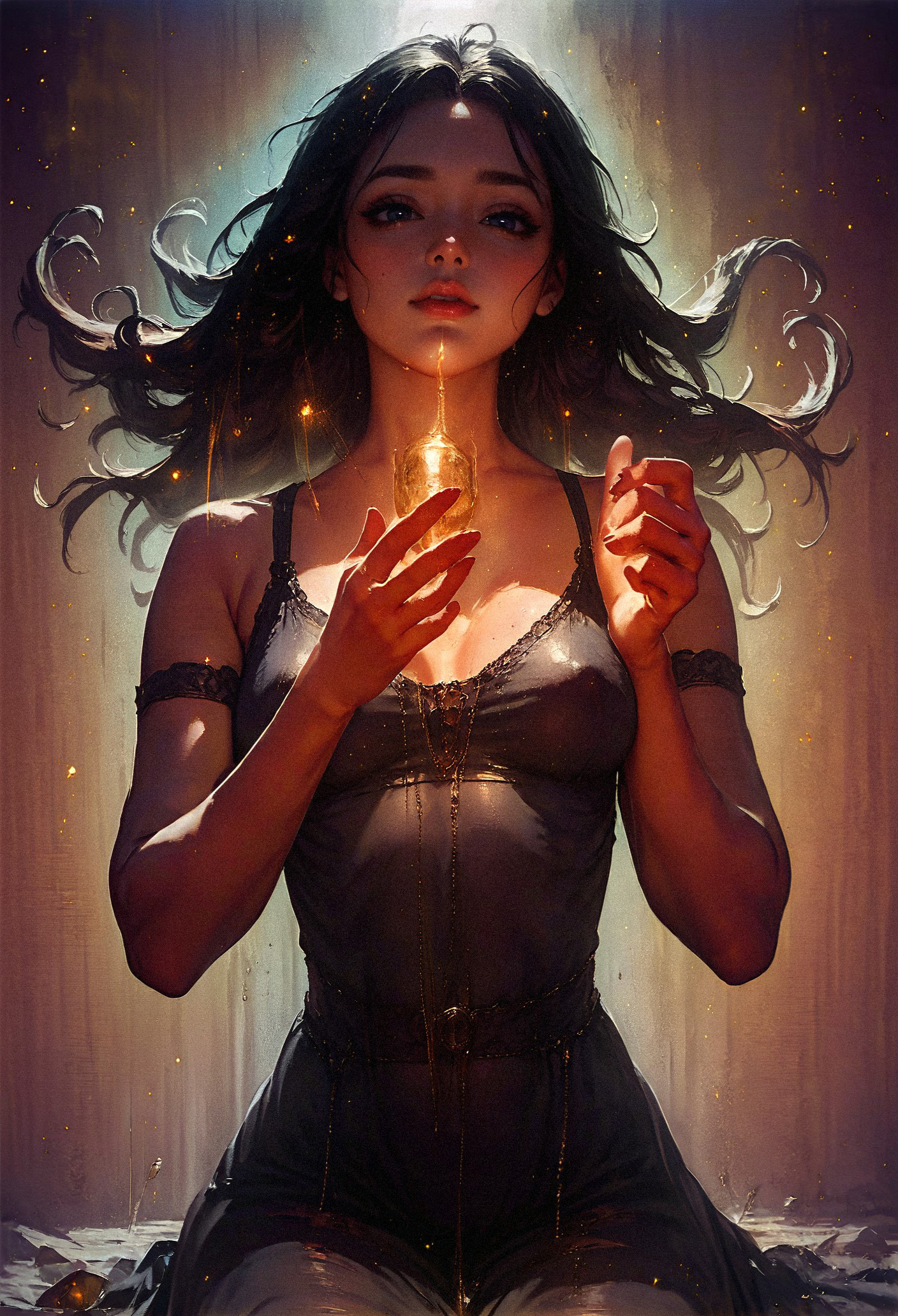 score_9, score_8_up, score_8,  woman, solo, black dress, petite body, black hair  <lora:pony/twilight_style:0.8> concept art, realistic <lora:sdxl/princess_xl_v2:0.8> <lora:sdxl/sinfully_stylish_sdxl>