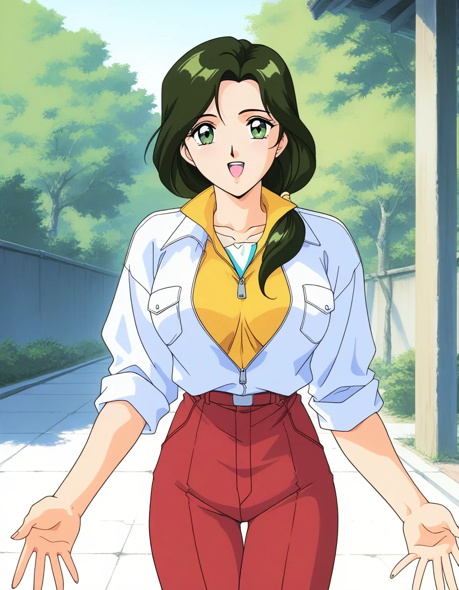 general,highres, ultra-detailed,very aesthetic,best quality ,best hands, BREAK <lora:Sakurai_Sensei_IS:1>Sakurai_Sensei, 1girl,solo, dark green hair, long hair, green eyes, large breasts, low ponytail, lips,1990s (style), anime coloring, BREAK,
smile,looking at viewer, cowboy_Shot, open mouth,
down arms,
Yellow shirt, white sleeve, red pants, long pants, closed jacket, button, fastener,
outdoor, day,, general,highres, ultra-detailed,very aesthetic,best quality ,best hands, BREAK