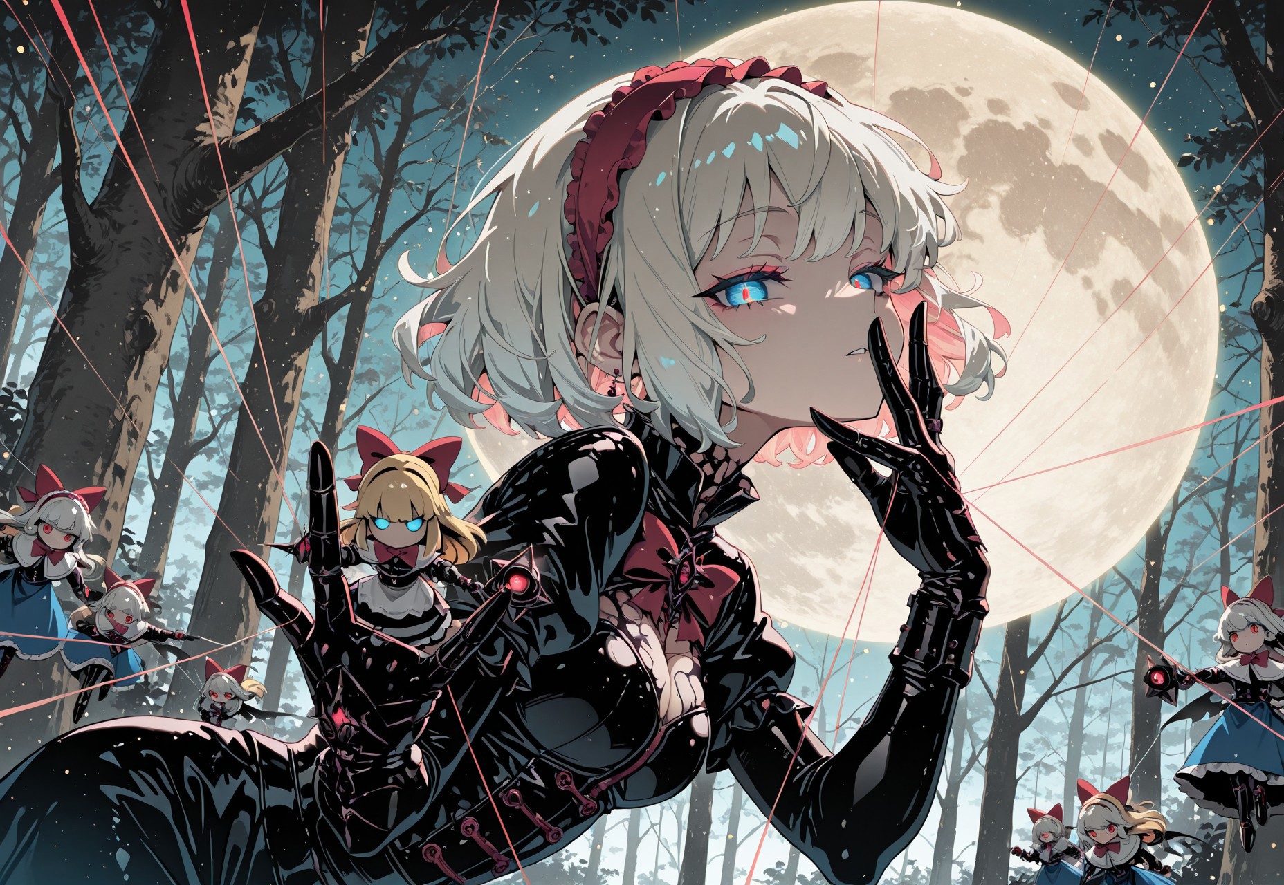masterpiece, best quality, amazing quality, very aesthetic, absurdres, newest, highres, 4k,8k,Ultra HD, extremely detailed, ultra detailed face, detailed eyes,
(alice margatroid, silver hair, blue eyes, short hair,
white shirt, puffy short sleeves, white capelet, blue dress, red hairband, frilled hairband, red bowtie, sash),
metal shanghai doll, many metal shanghai doll,
corruption, waruochi,
metal accessories,
finger cot, (glowing puppet strings wrapped around fingers:1.2), metal puppet strings, one hand near own face, one hand hang down,
dynamic pose, dynamic angle,
side view, looking to viewer,
outdoor, forest, big moon,
pastel colors, gradient color, soft fill light, (ambient light), (dynamic light), vivid colors, high contrast, 
soft lighting, raytracing, light particles, floating particle light, gradient color,
shinny, glitter, exposed top breasts,
Sinozick_illu,gradient, s0wasow4rt_illu, halftone