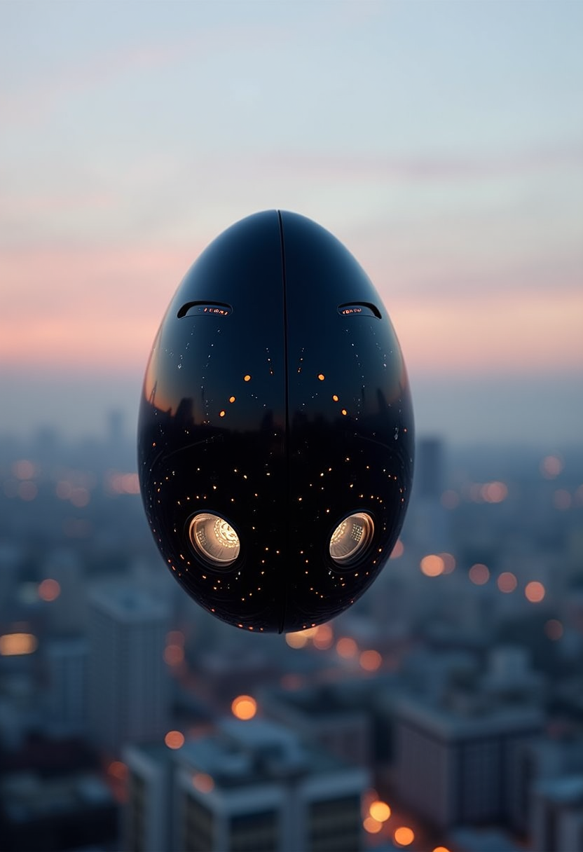 YFG-Rounded A next-gen drone shaped like a glossy black egg, with faint glowing runes etched across its surface, silently hovering in a cityscape at dusk.