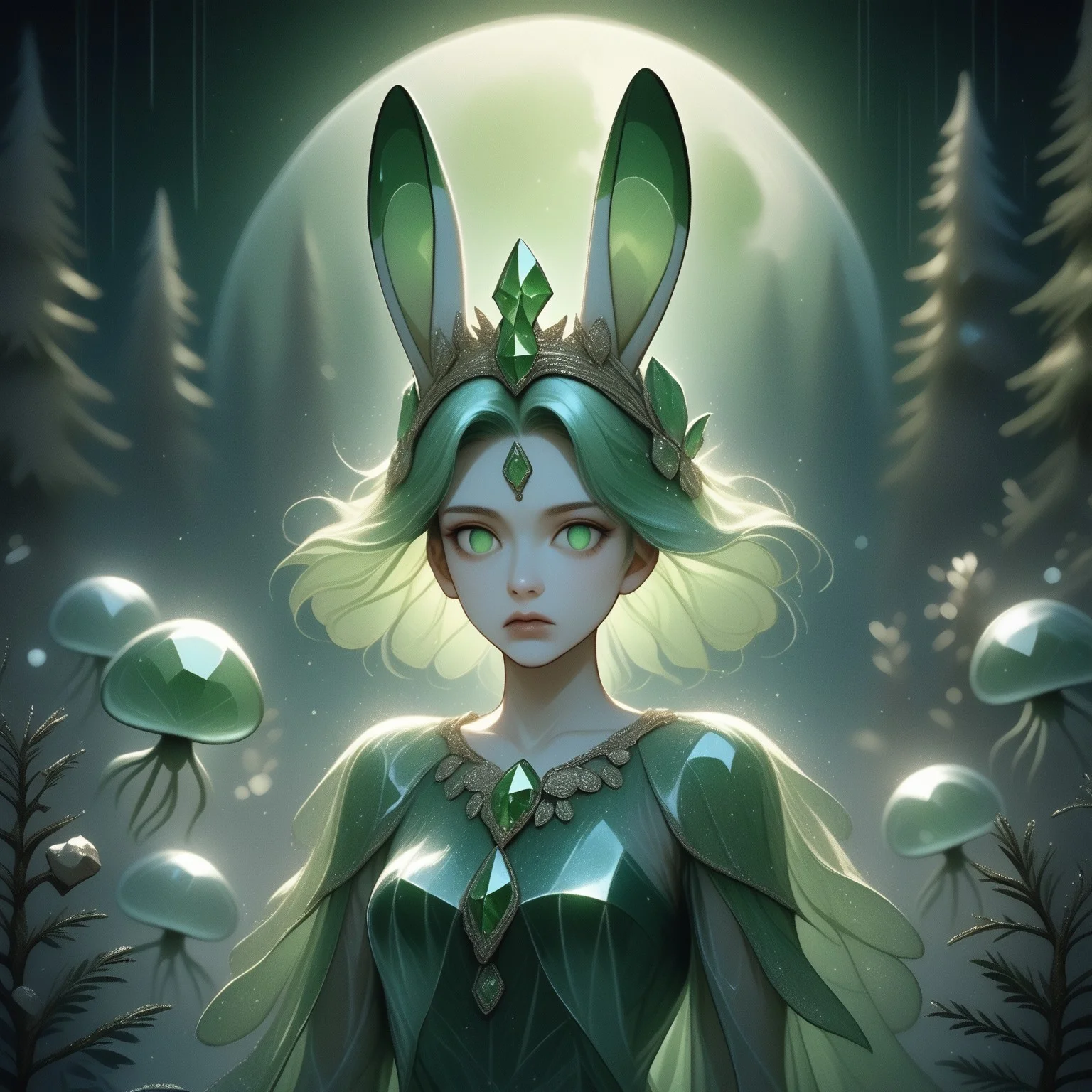 score_9, score_8_up, score_7_up, score_6_up, score_5_up, score_4_up, highly detailed, cryst4l, crystalline, crystal,jellyfish, rabbit, bokeh, headdress, pine tree, see-through, stone, green theme, crown, animal ears, rain, feathers, armored dress, :3, bug, green gemstone, forehead jewel, fantasy,, no pupils, stone, pokemon (creature), depth of field, breasts, moon, shadow,, no humans, <lora:crystalline-000002>