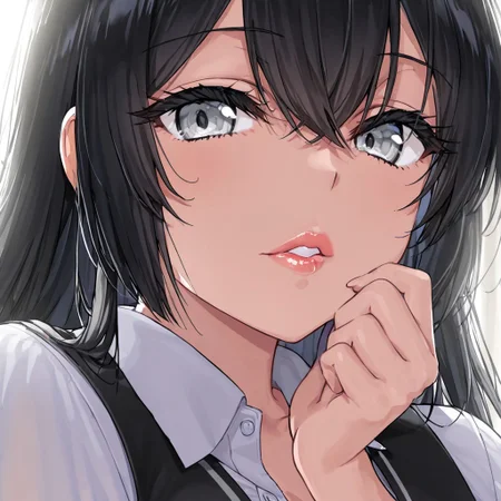 1girl, Hiratsuka Shizuka \(oregairu\),, adult woman, masterpiece, black vest over a white dress shirt, hand up, Black hair, long hair, luscious lips, colorless lip gloss, portrait, black eyelashes, backlighting, Grey eyes, goddess, glossy skin, ,hires,best quality, very aesthetic,absurdres,score_9, score_8_up, score_7_up, score_6_up, score_5_up, score_4_up, (hyper extreme detailed), (hyper quality), game CG, (colour:1.2),(from side:0.7)