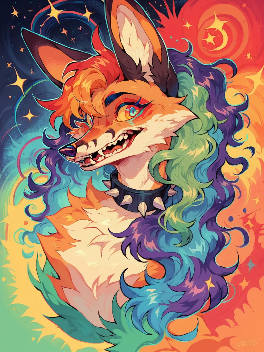 score_9, score_8_up, score_7_up, score_6_up, <lora:br1ghtXLP:1> br1ght, fox, trippy, rainbow