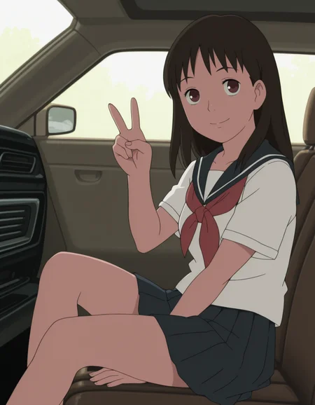 <lora:izumi-maho-illustrious-000015:1> ishiguroizumi, serafuku, pleated skirt, 1girl, solo, sitting, car trunk, smile, v, masterpiece,best quality,amazing quality